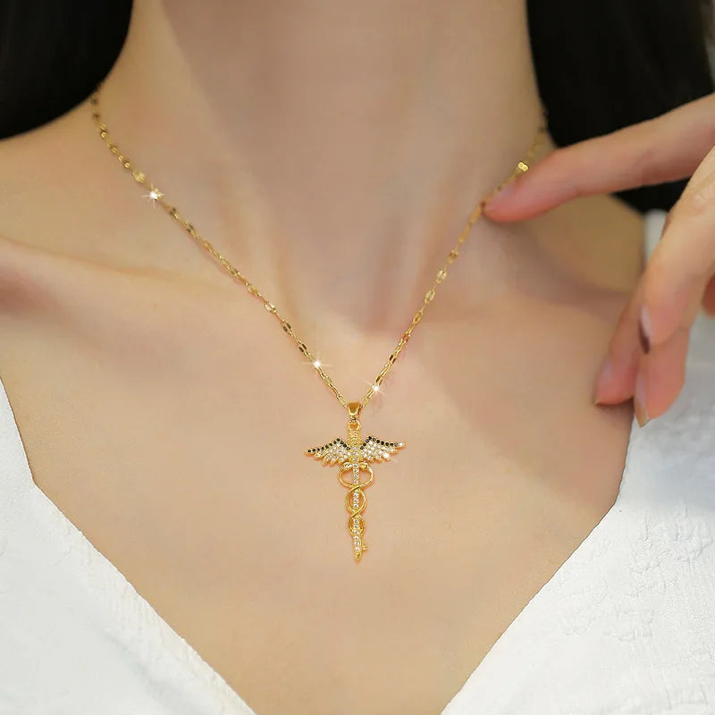 Stailess Steel CZ Angle Wings Necklace Snake Magic Wand Necklaces Medical