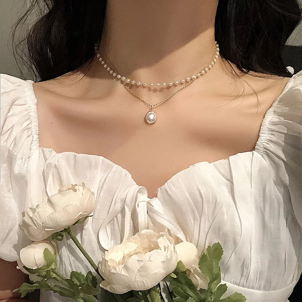 Kpop Pearl Choker Necklace Cute Double Layer Chain Pendant For Women