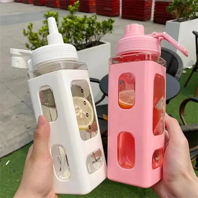 700ml Kawaii Water Bottle With Straw 3D Cute Bear Sticker Bpa Free Plastic Square