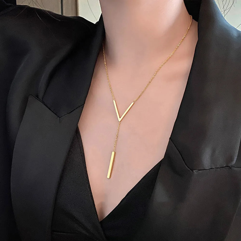 V-shaped Long Sexy Clavicle Gold Colour Chain Necklace Choker for Women Fashion Jewelry Party Gifts