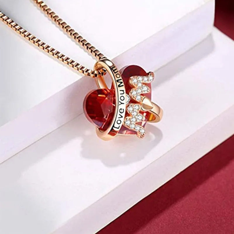 "Mom" Pendant Necklace Red Blue Heart Crystal Ladies Mother's Day Gift