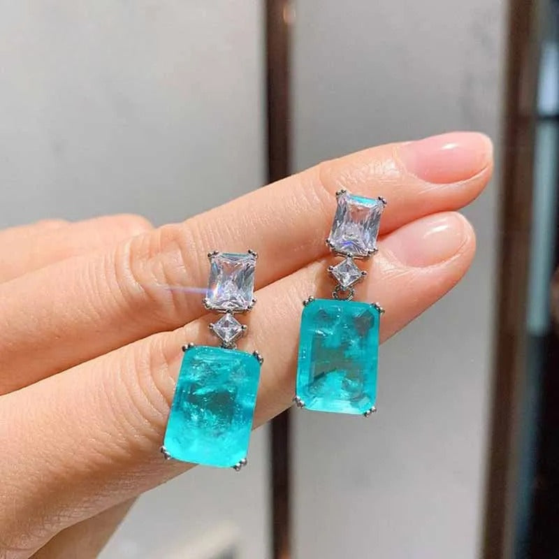 Ocean Blue Geometric Square Cubic Zirconia Drop Earrings for Women