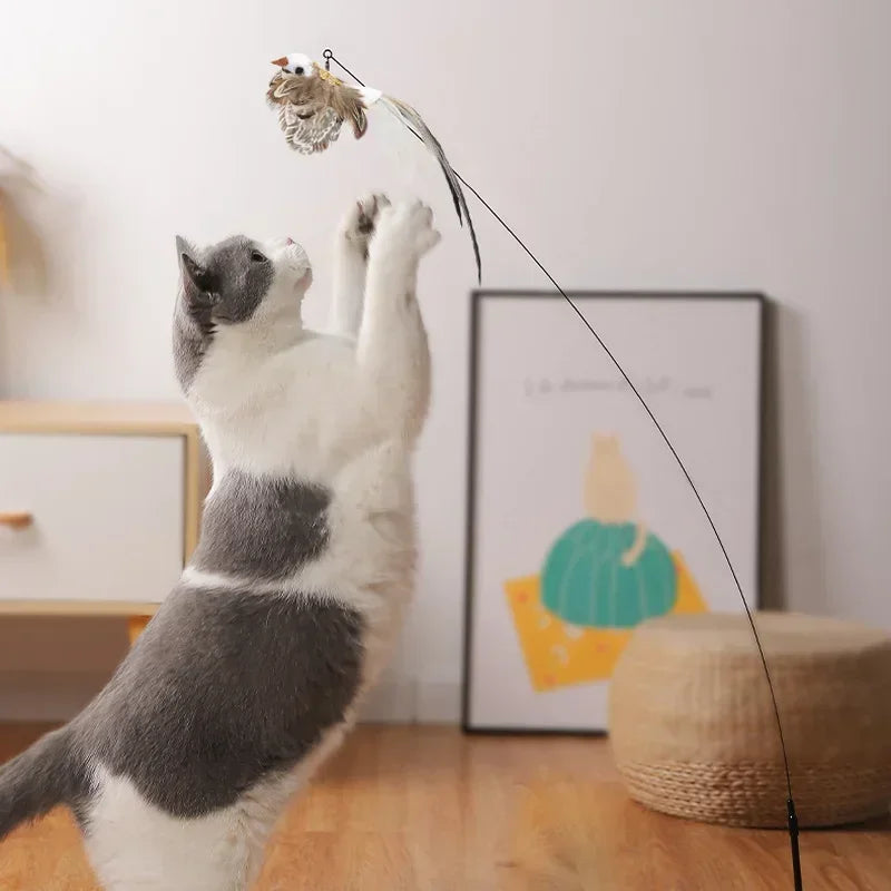 Simulation Bird interactive Cat Toy Funny Feather Bird with Bell Cat Stick Toy for Kitten Playing Teaser Wand Toy