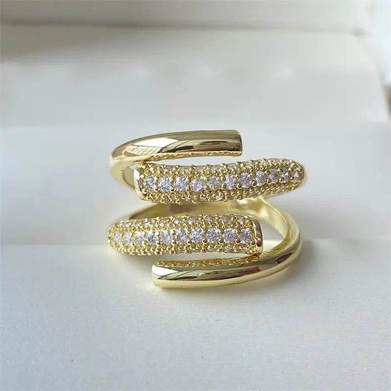 Luxury Adjustable Irregular Claw Leniency Gold Color CZ Zirconia Cross Opening Ring Luxury Jewelry For Party Wedding