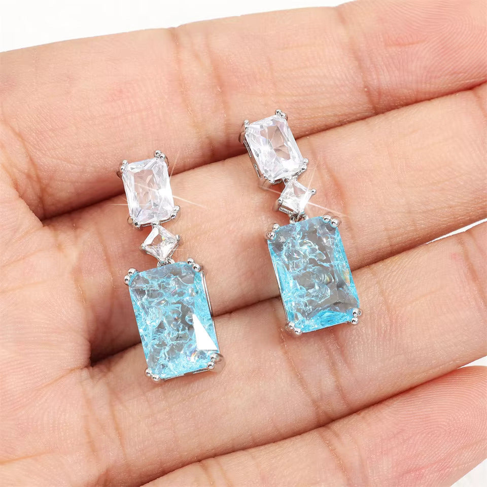 Ocean Blue Geometric Square Cubic Zirconia Drop Earrings for Women