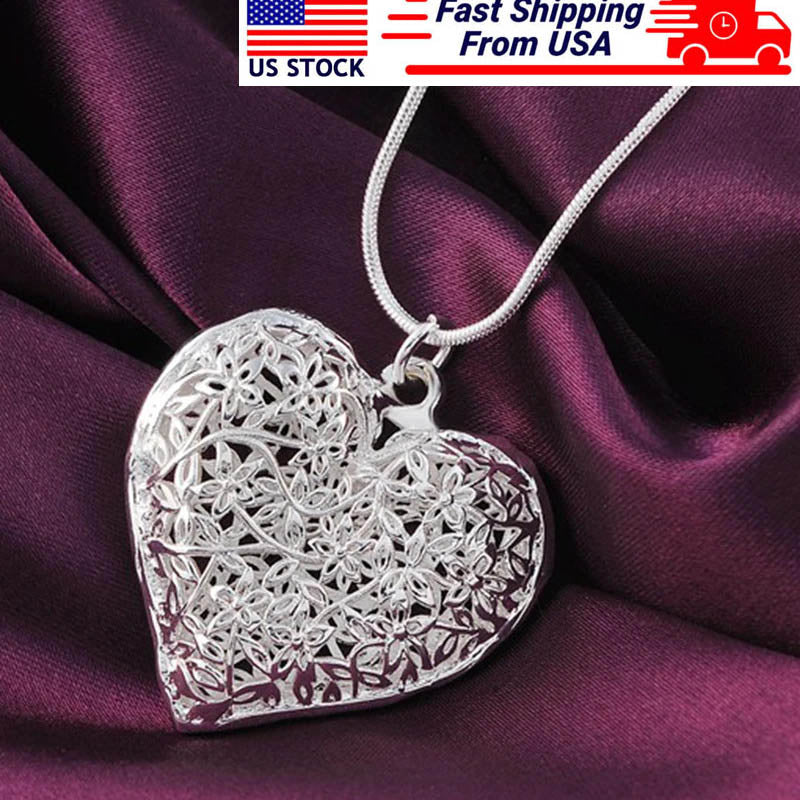 New 925 Sterling Silver 18-30 Inch Carved Heart Pendant Snake Chain Necklace For Women Fashion Wedding Party Charm Jewelry